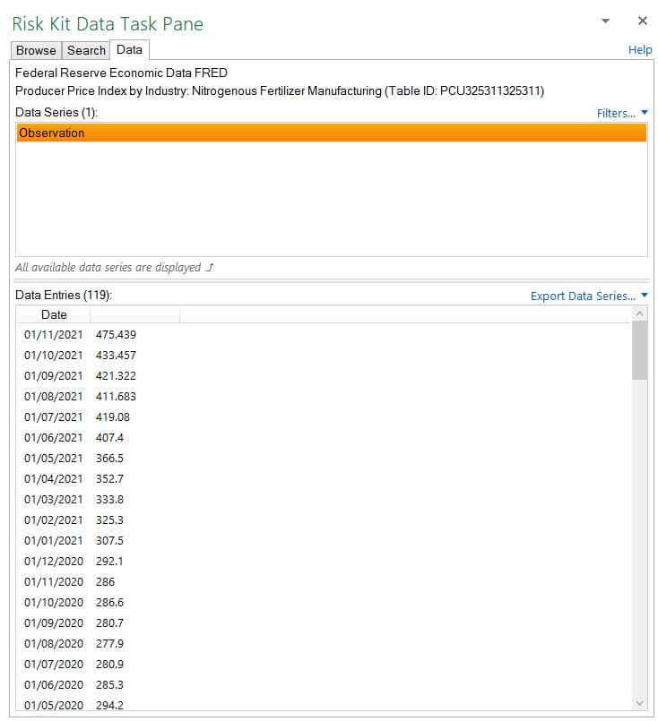 Risk Kit Data Task Pane: Datenreihe eines Erzeugerpreisindex mit Beobachtungen zum Export nach Excel